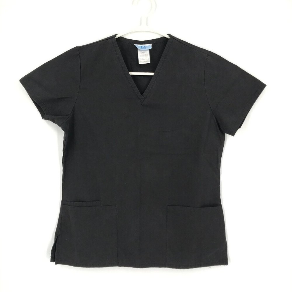 SB Scrubs Womens Scrub Top Small Black Short Sleeve Uniform Shirt Pockets